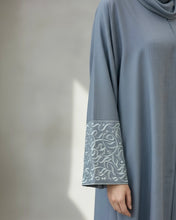 Load image into Gallery viewer, Italian Linen Abaya with Arabic Calligraphy Embroidered Sleeves (Mist Blue)
