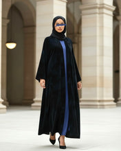 Load image into Gallery viewer, Three-Piece Velvet Set: Floral Abaya, Royal Blue Inner Dress &amp; Hijab
