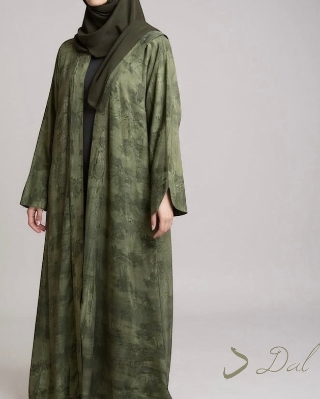 Indian Linen Patterned Abaya Set (Olive Serenity)