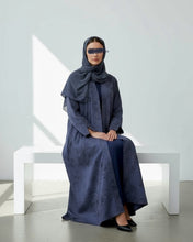 Load image into Gallery viewer, Three-Piece Set: Flowery Patterned Abaya, Inner Dress &amp; Hijab (Midnight Blue)

