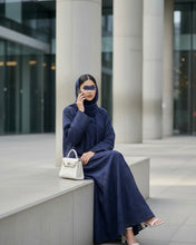 Load image into Gallery viewer, Three-Piece Textured Abaya Set: Laser Cut Abaya, Inner Dress &amp; Hijab (Navy)
