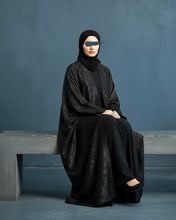 Load image into Gallery viewer, Eid Three-Piece Silk Jacquard Set: Cherry Tree Patterned Abaya, Inner Dress &amp; Hijab (Black)
