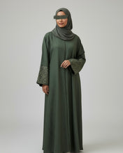 Load image into Gallery viewer, Italian Linen Abaya with Arabic Calligraphy Embroidered Sleeves (Olive Green)
