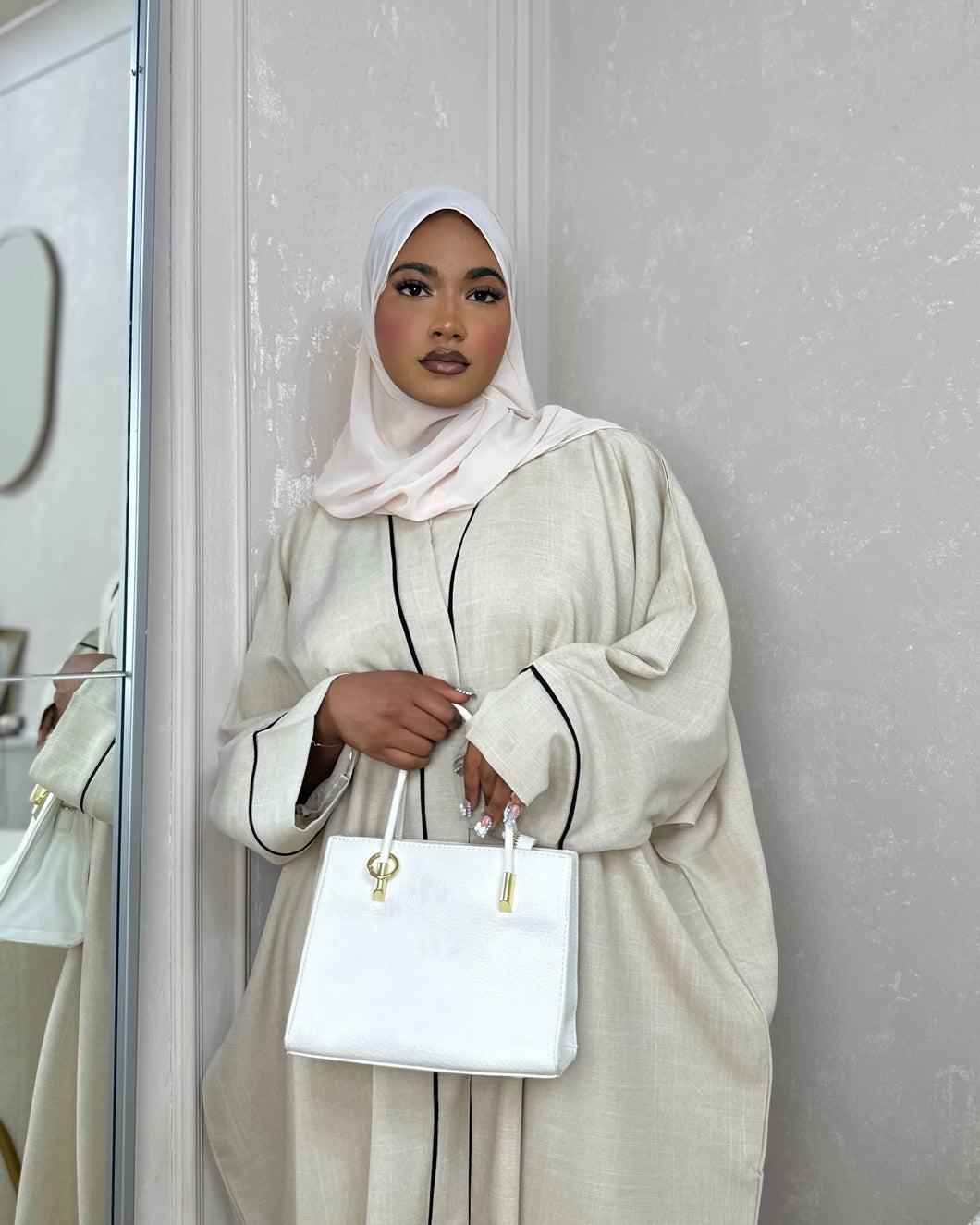 Beige Butterfly Abaya with Piping