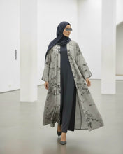 Load image into Gallery viewer, Ramadan Three-Piece Cloche Abaya Set: Two-Tone Abaya, Inner Dress &amp; Hijab (Dove Grey / Denim)
