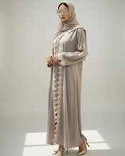 Load image into Gallery viewer, Three-Piece Set: Embroidered Lace Abaya, Inner Dress &amp; Hijab (Taupe Sand)
