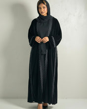 Load image into Gallery viewer, Three-Piece Velvet Set: Lace Abaya, Inner Dress &amp; Hijab (Noir)
