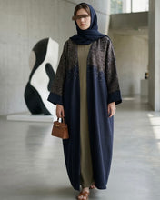 Load image into Gallery viewer, Three-Piece Calligraphy Set: Indian Linen Blend Abaya, Inner Dress &amp; Hijab (Dark Navy)
