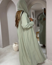 Load image into Gallery viewer, Three-Piece Blazer Set: Collared Abaya, Inner Dress &amp; Hijab (Sage Green)
