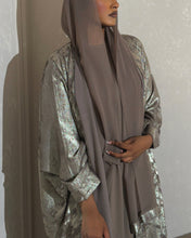 Load image into Gallery viewer, Three-Piece Set: Metallic Patterned Bisht &amp; Silky Inner Dress (Taupe)
