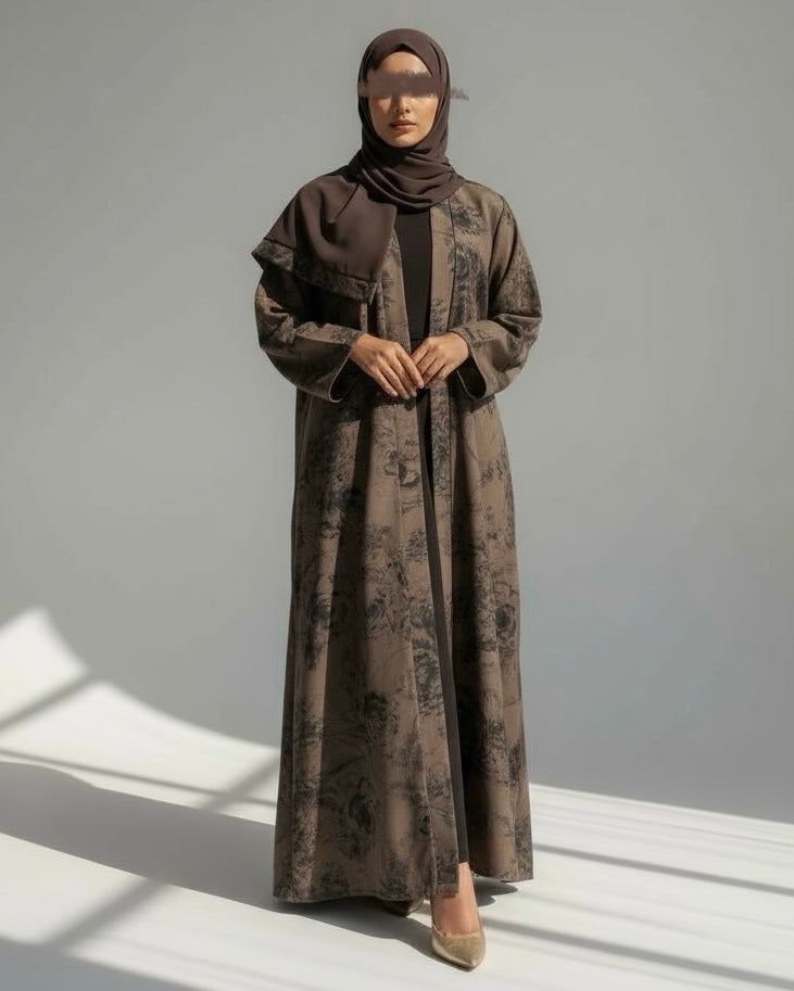 Three-Piece Set: Flowery Patterned Abaya, Inner Dress & Hijab (Mocha Taupe)