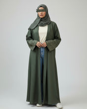 Load image into Gallery viewer, Italian Linen Abaya with Arabic Calligraphy Embroidered Sleeves (Olive Green)
