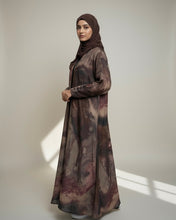 Load image into Gallery viewer, Mocha Marble Satin Abaya in Cloche-Cut | Button Sleeve Design (No Inner Dress)
