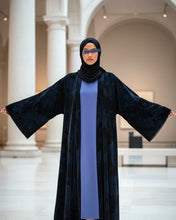 Load image into Gallery viewer, Three-Piece Velvet Set: Floral Abaya, Royal Blue Inner Dress &amp; Hijab
