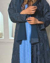 Load image into Gallery viewer, Three-Piece Textured Abaya Set: Satin Jacquard Abaya, Jeans Blue Inner Dress &amp; Hijab (Navy)
