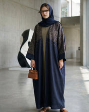 Load image into Gallery viewer, Three-Piece Calligraphy Set: Indian Linen Blend Abaya, Inner Dress &amp; Hijab (Dark Navy)
