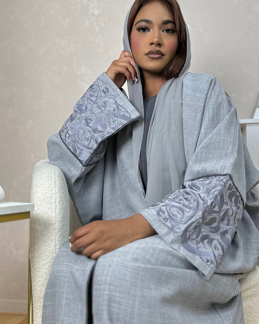 Three-Piece Linen Blend Set: Eid Arabic Calligraphy Embroidered Butterfly Abaya & Inner Dress (Grey)