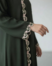 Load image into Gallery viewer, Three-Piece Set: Embroidered Lace Abaya, Inner Dress &amp; Hijab (Deep Olive)
