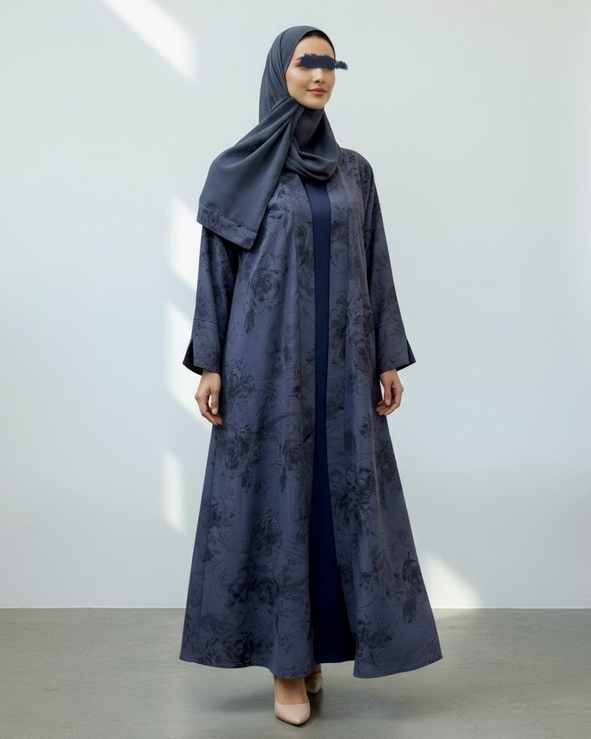 Three-Piece Set: Flowery Patterned Abaya, Inner Dress & Hijab (Midnight Blue)