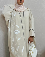 Load image into Gallery viewer, White Flower Embroidered Abaya (Beige)

