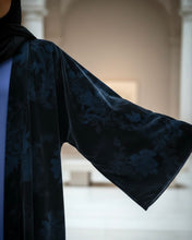 Load image into Gallery viewer, Three-Piece Velvet Set: Floral Abaya, Royal Blue Inner Dress &amp; Hijab
