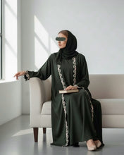 Load image into Gallery viewer, Three-Piece Set: Embroidered Lace Abaya, Inner Dress &amp; Hijab (Deep Olive)
