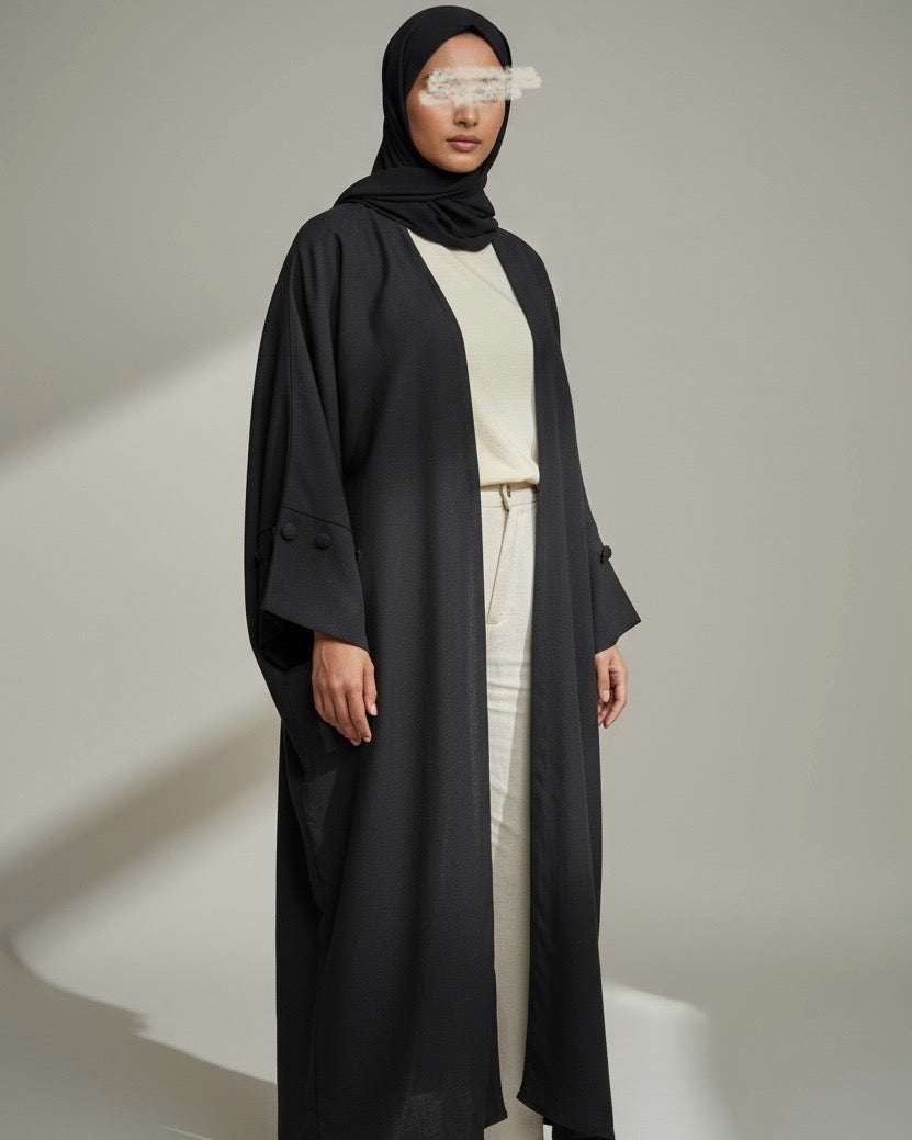 Minimalist Black Linen Abaya | Button Sleeve Design (No Inner Dress)