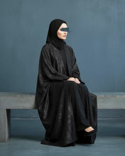 Load image into Gallery viewer, Eid Three-Piece Silk Jacquard Set: Cherry Tree Patterned Abaya, Inner Dress &amp; Hijab (Black)
