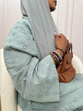 Load image into Gallery viewer, Three-Piece Cotton Set: Broderie Anglais Abaya with Grey Piping &amp; Inner Dress (Mint)
