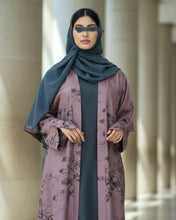 Load image into Gallery viewer, Ramadan Three-Piece Cloche Abaya Set: Two-Tone Abaya, Inner Dress &amp; Hijab (Dusty Mauve / Denim)

