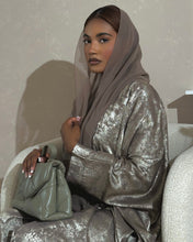 Load image into Gallery viewer, Three-Piece Set: Metallic Patterned Bisht &amp; Silky Inner Dress (Taupe)
