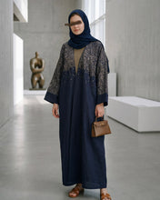 Load image into Gallery viewer, Three-Piece Calligraphy Set: Indian Linen Blend Abaya, Inner Dress &amp; Hijab (Dark Navy)
