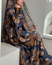 Load image into Gallery viewer, Soft Satin Flowery Patterned Abaya in Cloche Cut (Navy)
