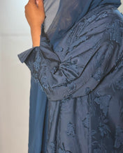 Load image into Gallery viewer, Three-Piece Textured Abaya Set: Satin Jacquard Abaya, Jeans Blue Inner Dress &amp; Hijab (Navy)
