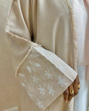 Load image into Gallery viewer, Four-Piece Set: Frayed Linen Blend Abaya with Embroidered Sleeves &amp; Inner Dress (Nude Beige)
