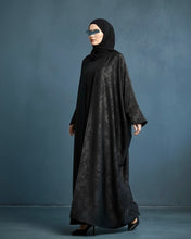 Load image into Gallery viewer, Eid Three-Piece Silk Jacquard Set: Cherry Tree Patterned Abaya, Inner Dress &amp; Hijab (Black)
