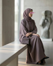 Load image into Gallery viewer, Three-Piece Calligraphy Set: Indian Linen Blend Abaya, Inner Dress &amp; Hijab (Mauve)
