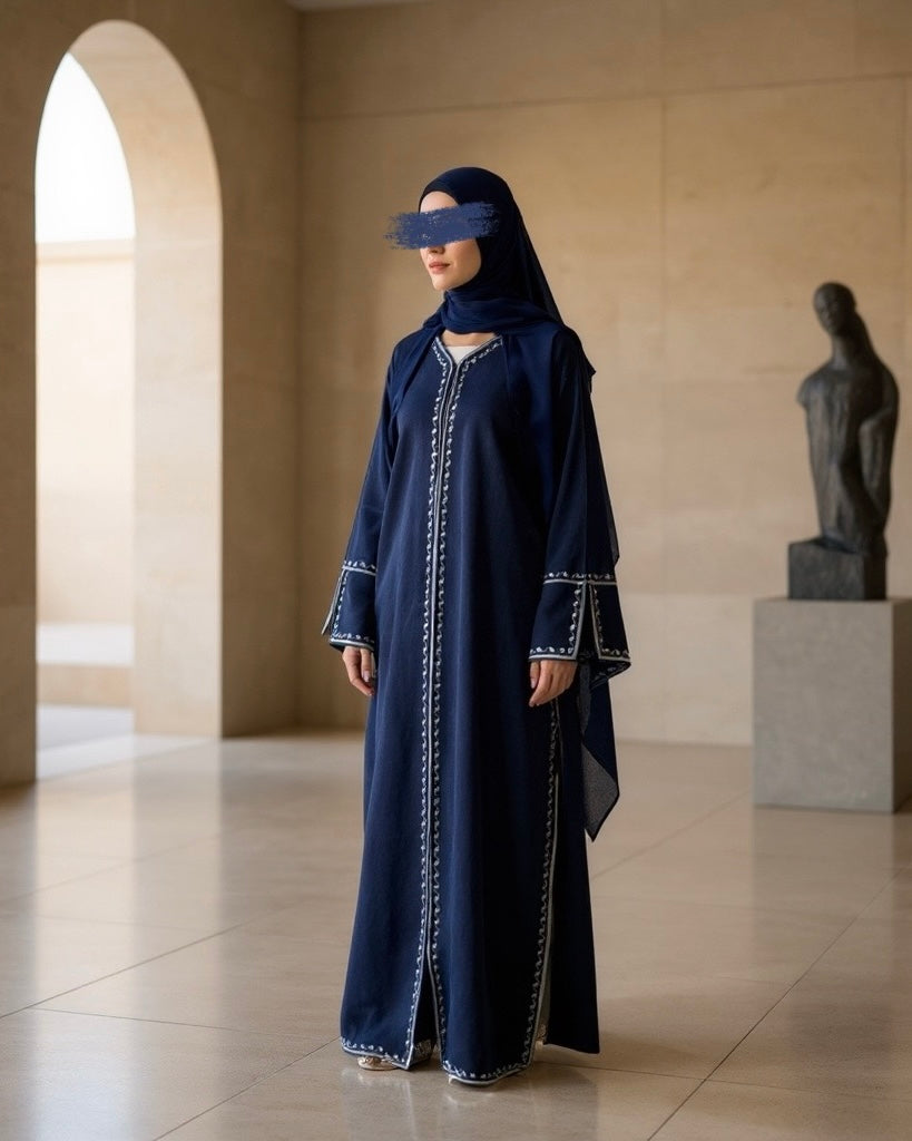 Linen Blend Embroidered Abaya with Split Sleeves (Navy)