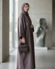 Load image into Gallery viewer, Three-Piece Calligraphy Set: Indian Linen Blend Abaya, Inner Dress &amp; Hijab (Mauve)
