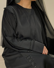 Load image into Gallery viewer, Back angle of modest frayed abaya with luxury embellishments for Eid
