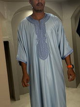 Load image into Gallery viewer, Full-length back view of sky blue Moroccan thobe with modest design
