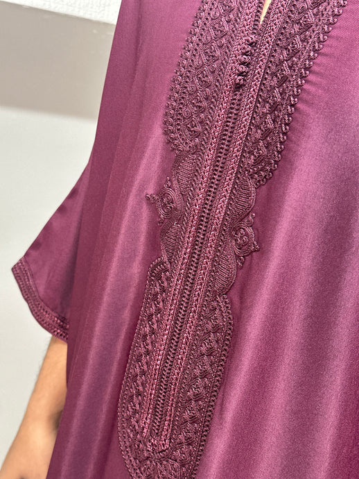 Full front view of burgundy Moroccan thobe with elegant tailoring