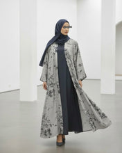 Load image into Gallery viewer, Ramadan Three-Piece Cloche Abaya Set: Two-Tone Abaya, Inner Dress &amp; Hijab (Dove Grey / Denim)
