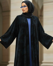 Load image into Gallery viewer, Three-Piece Velvet Set: Floral Abaya, Royal Blue Inner Dress &amp; Hijab
