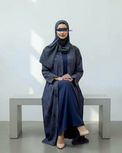 Load image into Gallery viewer, Three-Piece Set: Flowery Patterned Abaya, Inner Dress &amp; Hijab (Midnight Blue)
