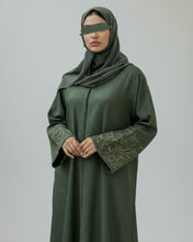 Load image into Gallery viewer, Italian Linen Abaya with Arabic Calligraphy Embroidered Sleeves (Olive Green)
