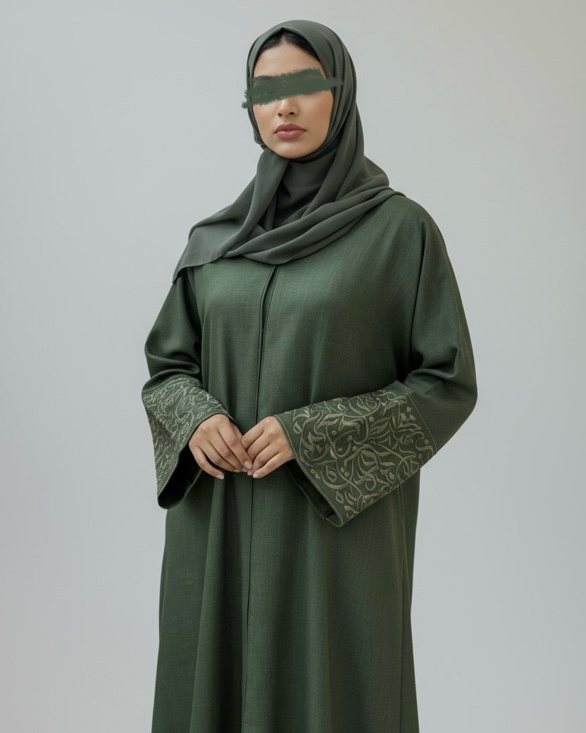 Italian Linen Abaya with Arabic Calligraphy Embroidered Sleeves (Olive Green)