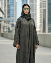 Load image into Gallery viewer, Three-Piece Textured Abaya Set: Laser Cut Abaya, Inner Dress &amp; Hijab (Forest Green)
