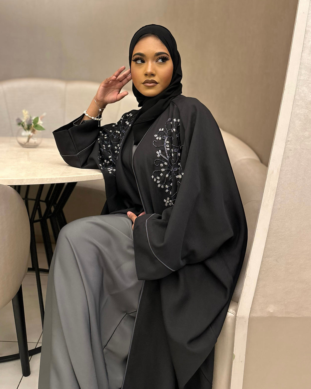 Three-piece Set: Linen Blend Open Butterfly Abaya with Stunning Handmade Embellishment & Inner Dress (Black)
