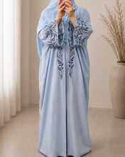 Load image into Gallery viewer, Sky Blue Pure Linen Butterfly Open Abaya with Two-Tone Floral Embroidery (No inner dress)
